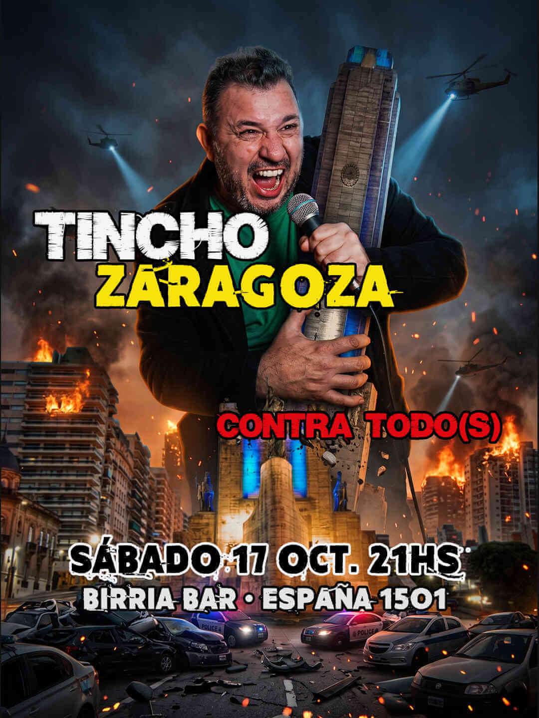 Afiche de Tincho Zaragoza en Contra Todo(s), show de stand up en Birria Bar, Rosario, sábado 17 de octubre